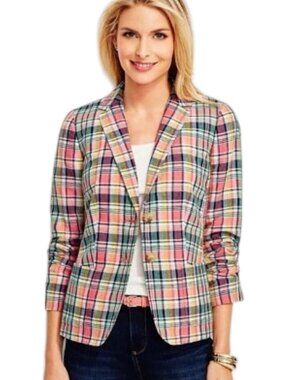 Talbots Madras Plaid Linen Blend Blazer Jacket Preppy Spring Coastal Chic